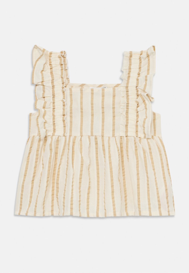 Top senza spalline con maniche a volants, caratterizzato da righe verticali beige e crema, realizzato in un tessuto leggero con una finitura testurizzata.