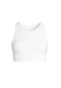 Vit atletisk crop top med rund halsringning, slät yta och inga synliga sömmar. Kännetecknas av en etikett med varumärkesnamnet "casall" inuti.