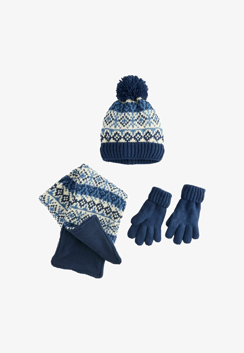 Strickset für den Winter, bestehend aus einer gemusterten Mütze in Marineblau und Creme mit Bommel, passenden Handschuhen und einem mit Fleece gefütterten Schal.