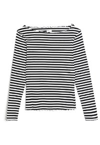 Långärmad topp i svart och vitt randigt, elastisk tyg med ribbat mönster, med en råkant i halsringningen och fållen.