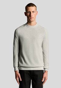 Lichtgrijze sweatshirt met een textuurstof, ronde halslijn en geribbelde manchetten. Gecombineerd met donkere jeans. Eenvoudig, schoon ontwerp.