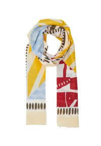 Mehrfarbiger Schal mit geometrischen Mustern in Blau, Gelb, Rot und Creme. Hergestellt aus leichtem Stoff mit fransigen Kanten.