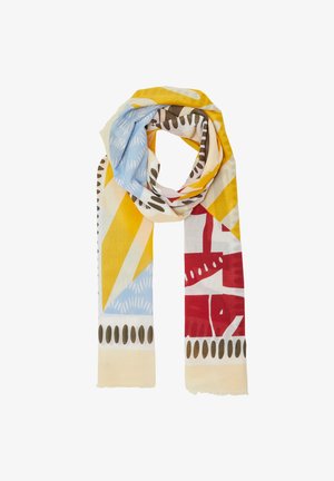 Multicolore sjaal met geometrische patronen in blauw, geel, rood en crème. Gemaakt van lichtgewicht stof met franjes aan de randen.