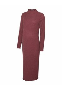 Robe à manches longues en maille côtelée rose poussiéreux, avec un col flou haut et un ourlet froncé, silhouette ajustée et longueur midi.