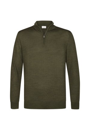 Olivgrüner Pullover mit Viertel-Reißverschluss, langen Ärmeln und gerippten Bündchen sowie Saum, gefertigt aus einem glatten, strukturierten Stoff.