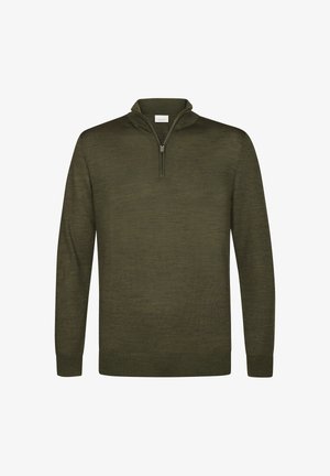 Suéter de color verde oliva con cuello de cremallera de un cuarto, mangas largas y puños y bajo de canalé, hecho de una tela lisa y texturizada.