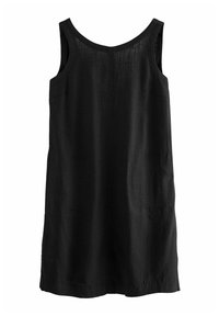 Robe sans manches en lin noir avec un col rond, poches latérales et une silhouette droite, présentant une finition légèrement texturée.