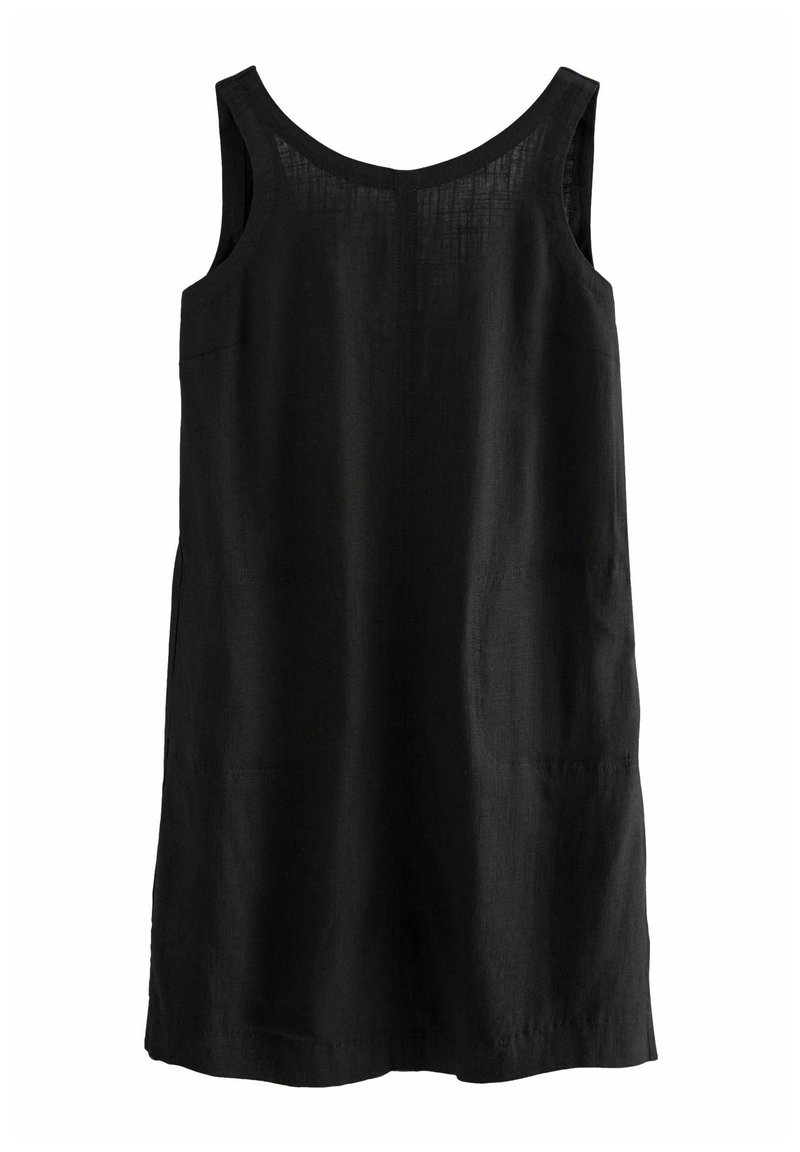Robe sans manches en lin noir avec un col rond, poches latérales et une silhouette droite, présentant une finition légèrement texturée.