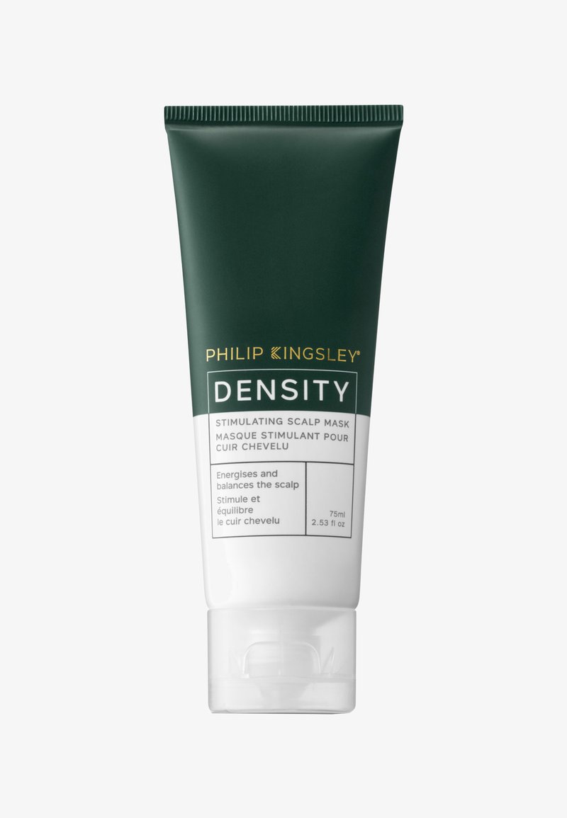 Tubetto verde scuro con fondo bianco, caratterizzato da testo dorato. Contiene una maschera stimolante per il cuoio capelluto; formato di 75 ml, con design pulito e chiusura facile da spremere.