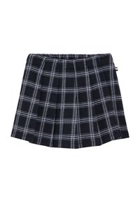 Jupe plissée noire avec motif à carreaux blancs et taille élastique, conçue pour les enfants.