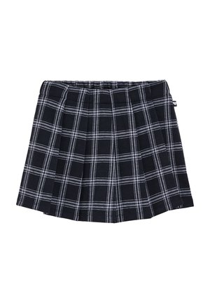 Jupe plissée noire avec motif à carreaux blancs et taille élastique, conçue pour les enfants.