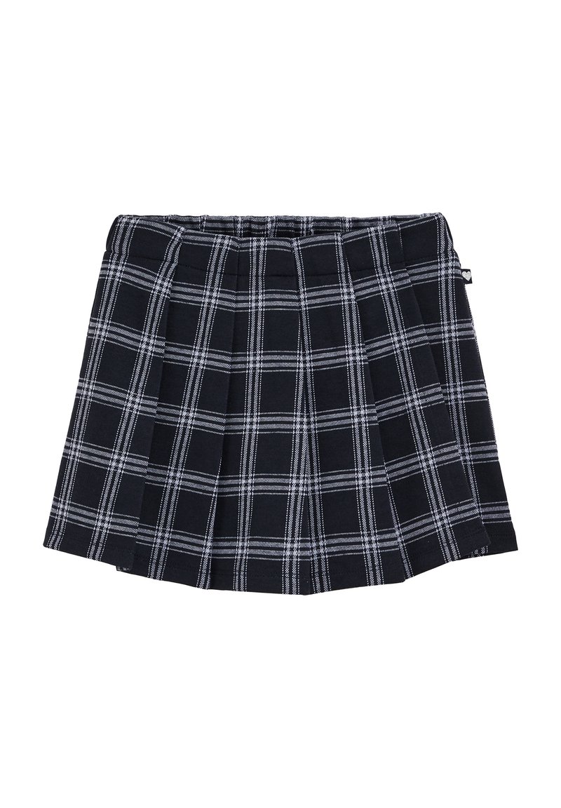 Jupe plissée noire avec motif à carreaux blancs et taille élastique, conçue pour les enfants.