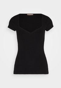 Haut côtelé noir à manches courtes avec un large décolleté carré et une silhouette subtilement ajustée.