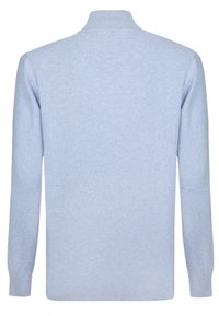 Hellblauer, gerippter Strickpullover mit hohem Kragen und langen Ärmeln. Der Stoff wirkt weich mit einer dezenten Textur. Keine sichtbaren Muster oder Akzente.