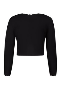 Zwarte korte trui met lange mouwen, ronde halslijn en gegolfde zoomdetails. Gemaakt van een gladde, rekbare stof.
