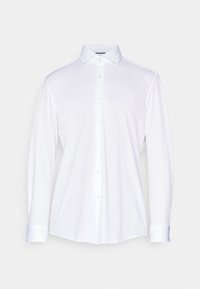 Witte lange mouw shirt met een button-down kraag, knopen aan de voorkant en contrasterende blauwe manchetten. Soepele stoftextuur met een aansluitend ontwerp.