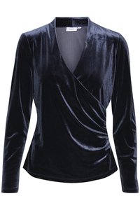 Top lungo in velluto nero con maniche lunghe e design avvolgente, dotato di scollatura a V e delicati arricciamenti sul davanti per un tocco di texture.