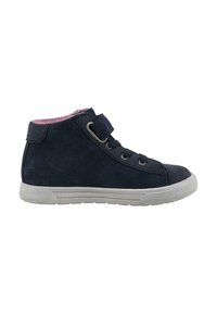 Must musta kõrged sneakersid mustast suede'ist, roosa fliisvoodriga, nööride ja takjapaela kinnitusega ning halli kummitaldaga, millel on tekstuuriga mustrid.