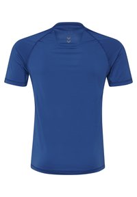 Blaues, kurzärmeliges Sportshirt aus glattem, leichtem Stoff; mit Rundhalsausschnitt und Mesh-Details im oberen Rückenbereich.