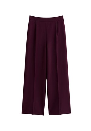 Pantalones de pierna ancha en burdeos profundo, hechos de una tela suave. Presentan una cintura alta y pliegues frontales para un aspecto estructurado.