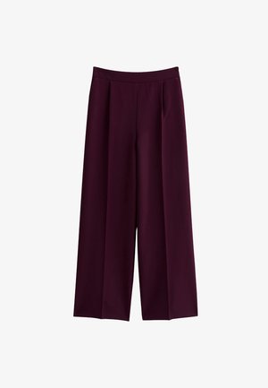 Pantaloni a gamba larga in un profondo bordeaux, realizzati in tessuto morbido. Presentano un vita alta e pieghe frontali per un aspetto strutturato.