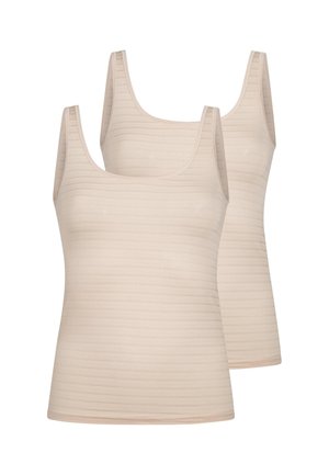 Two beige sleeveless tank tops with scoop necks, shown side by side on a white background.