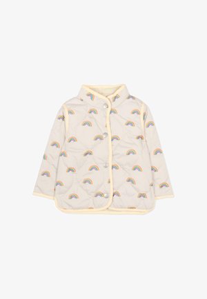 Veste matelassée pour enfants de couleur crème avec boutons-pression, bords garnis et motif de petits arcs-en-ciel colorés.
