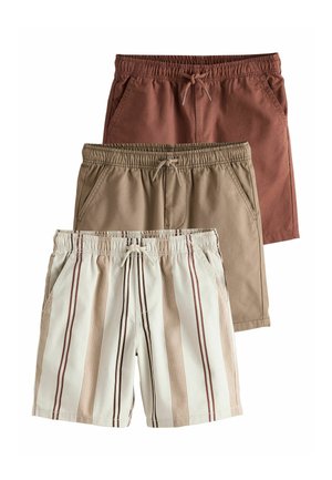 Drei Shorts: eine einfarbig dunkelrot, eine einfarbig khakifarben und eine weiße mit vertikalen braunen Streifen. Alle haben einen elastischen Bund und einen Kordelzug.