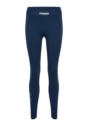 Navyblå leggings lavet af strækbart stof med en bred talje, der har "HUMMEL" logoet og geometrisk hvidt mønster på den nederste del.