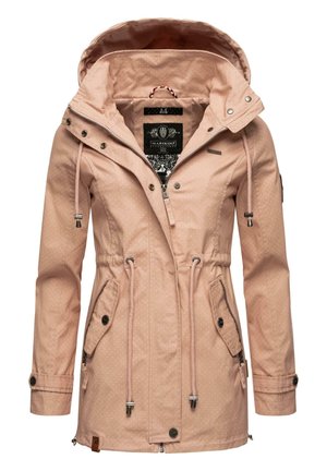 Hellrosa Regenjacke mit Kapuze, Kordelzug, zwei Seitentaschen, Reißverschluss vorne und Punktenmuster. Hergestellt aus einem glatten, wasserabweisenden Material.