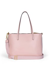Borsa a tracolla in pelle rosa con due manici lunghi, una tracolla staccabile, chiusura con zip e dettagli in metallo dorato. Texture liscia con una forma strutturata.