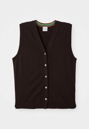 Cardigan senza maniche nero con bottoni, colletto a V e bordi a strisce multicolori all'interno del colletto, posato su uno sfondo bianco.