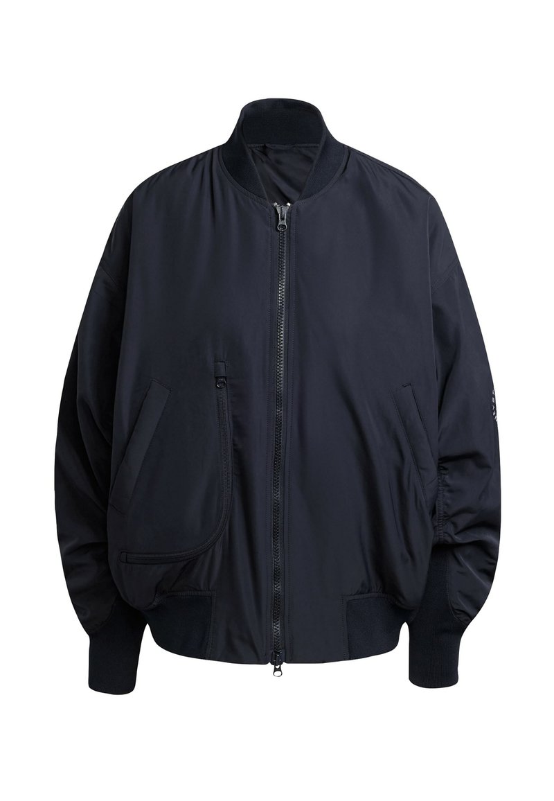Marine bomberjack gemaakt van gladde stof, met een rits aan de voorkant, ribbed manchetten en twee zijzakken. Oversized silhouet.