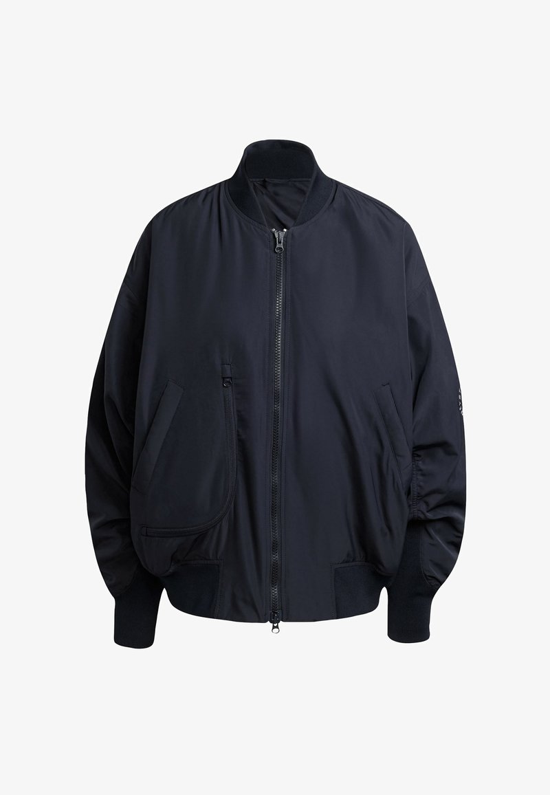 Marine bomberjack gemaakt van gladde stof, met een rits aan de voorkant, ribbed manchetten en twee zijzakken. Oversized silhouet.