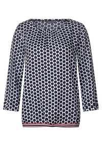 Långärmad blus i marinblått med vita prickar, med rynkad halsringning och randig nederkant i rosa, vitt och marinblått.