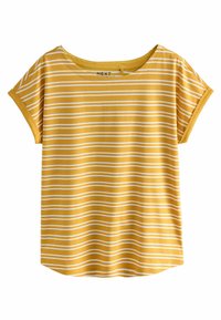 Gul kortärmad t-shirt med vita horisontella ränder och bred ringning. Mjuk tygkvalitet med avslappnad passform och rundad nederdel.
