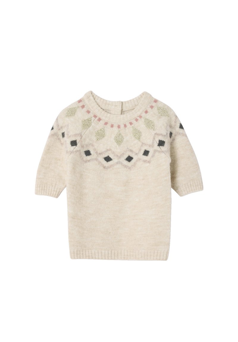 Kurzärmeliger cremfarbener Pullover mit einem gemusterten Schulterbereich, der grüne Blätter, rosa Akzente und schwarze Rauten zeigt. Weiches Material und gerippter Ausschnitt.