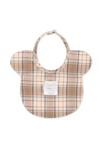 Bavaglino a tartan con uno sfondo crema, dettagli arancioni e grigi, lati arrotondati e chiusura a pressione. Realizzato in 100% cotone.