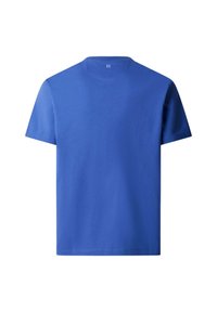 Einfaches blaues T-Shirt mit kurzen Ärmeln und Rundhalsausschnitt, versehen mit kleinem weißem "H"-Logo am hinteren Halsausschnitt, auf weißem Hintergrund dargestellt.