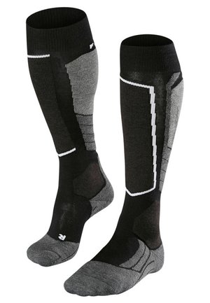 Zwarte en grijze kniekousen tot de knie met ribbelboorden, gevoerde zolen en patroonpanelen voor ondersteuning. Bevat versterkte tenen en hakken.