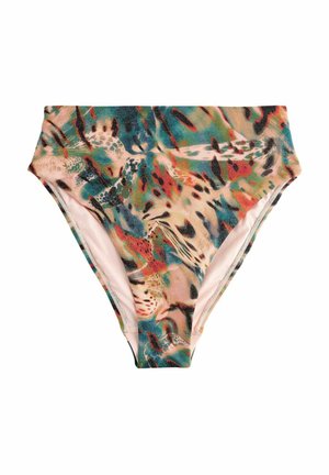 Hochgeschnittene Bikinihose aus weichem Material, mit einem mehrfarbigen Tierdruck auf einem hellrosa Hintergrund, glatter Textur und vollständiger Abdeckung.