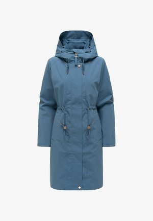 Niebieski płaszcz przeciwdeszczowy do kolan z regulowanym kapturem, sznurkiem w talii, przednim zamkiem błyskawicznym i zapięciem na zatrzaski.