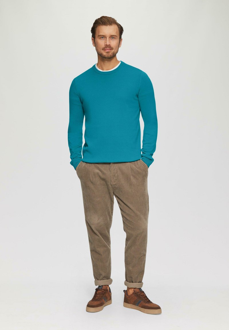 Tyrkysový sveter s dlhými rukávmi, okrúhlym výstrihom; khaki kordové nohavice; hnedé tenisky s akcentmi; jednofarebné pozadie.