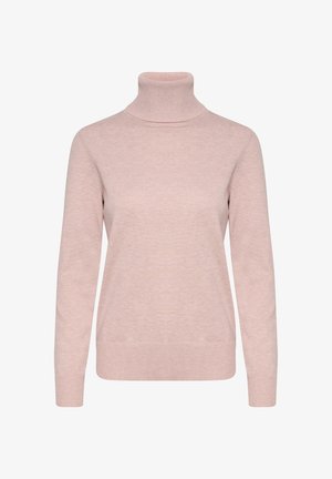 Lyserød turtleneck sweater lavet af blødt stof, der har lange ærmer, ribbede manchetter og en tætsiddende design. ensfarvet uden mønstre.