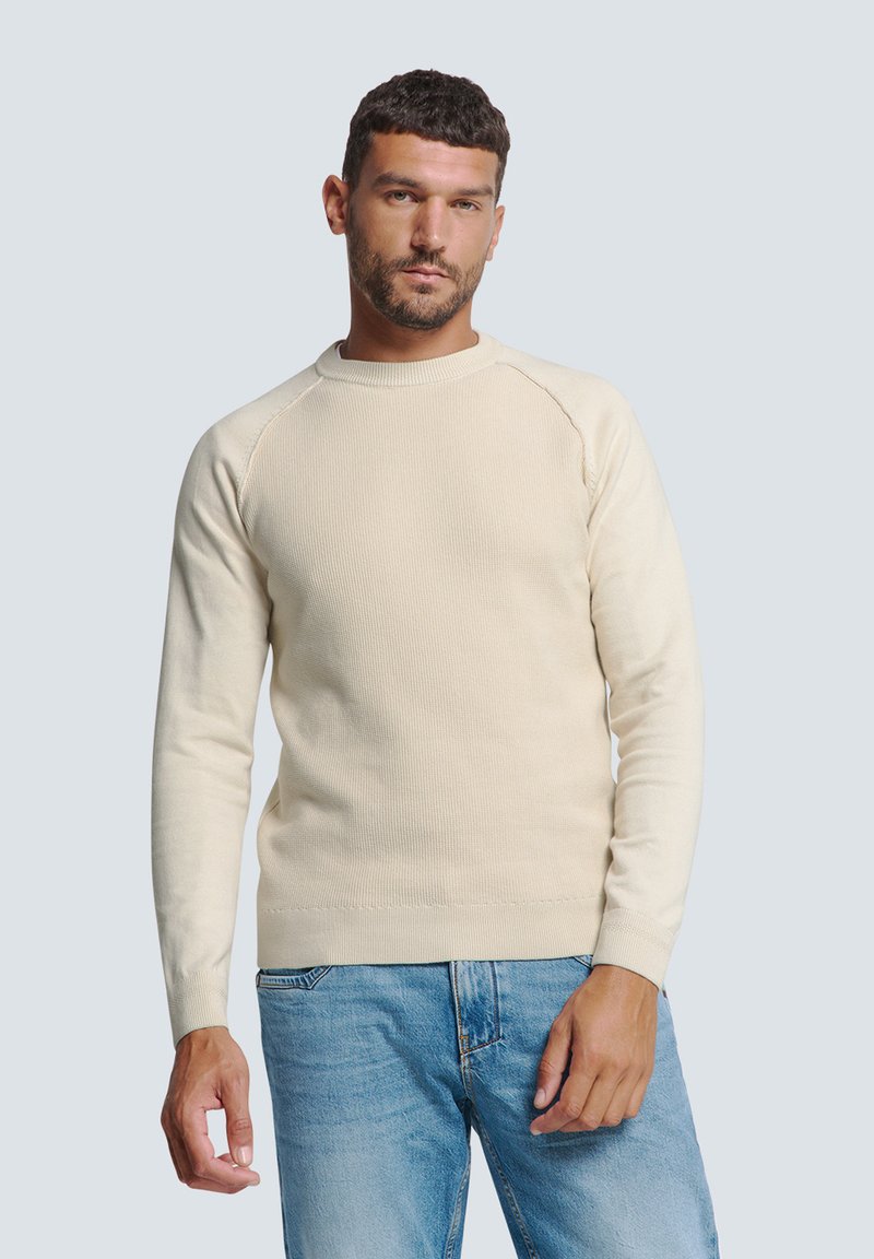Crème kleurige gebreide trui met een ronde hals, ribbeltextuur en raglan mouwen, gecombineerd met lichtblauwe spijkerbroek. Soepel, casual ontwerp.