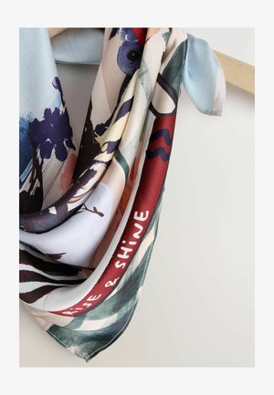 Silk scarf featuring a floral and abstract design. Predominantly pastel colors with green, purple, and red accents. Includes text reading "Rise & Shine."