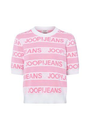 Witte trui met korte mouwen, roze horizontale strepen en herhalende "JOOP! JEANS" tekst en hartmotieven over de stof.