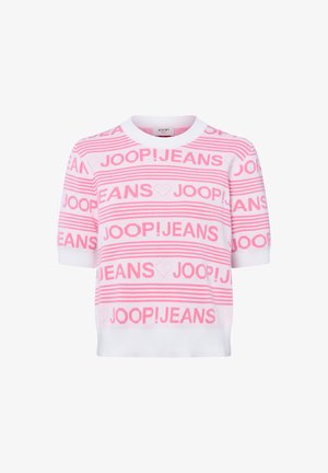 Witte trui met korte mouwen, roze horizontale strepen en herhalende "JOOP! JEANS" tekst en hartmotieven over de stof.