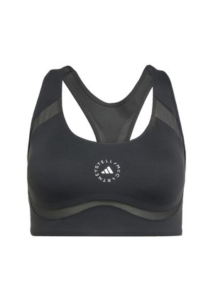 Sort sports-bh med mesh-paneler og racerback-design, prydet med et cirkulært Adidas og Stella McCartney logo i hvidt i midten foran.
