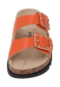 Orange slide sandal with two wide straps featuring gold chain accents. Cork insole and black rubber sole for comfort and support.
